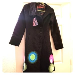 Desigual long black coat with color circles